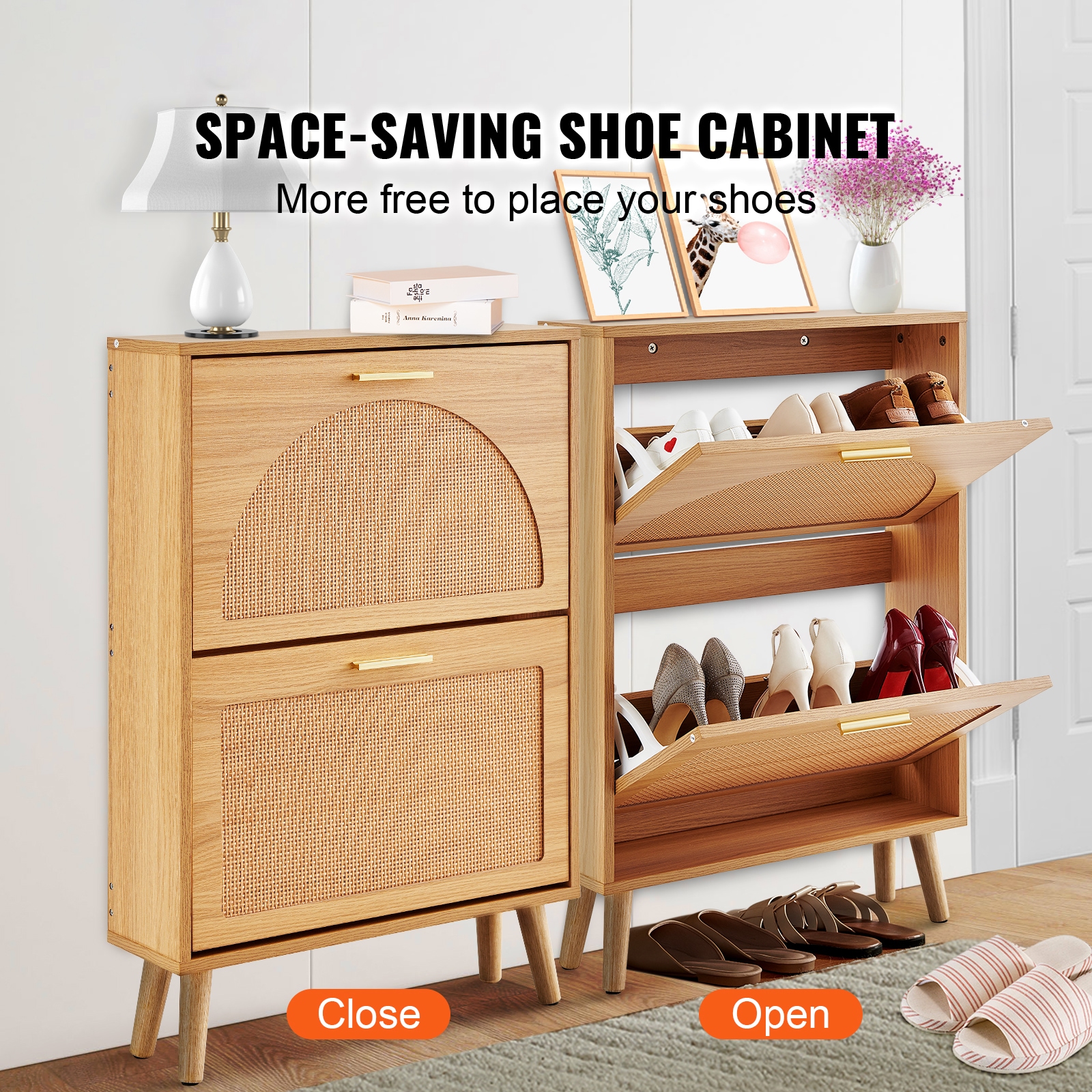 Shoe Cabinet With 2 Flip Drawers, Shoe Storage Cabinet For Entryway, Free Standing Shoe Storage Organizer With Rattan Doors For Heels, Boots, Slippers In Hallway, Living Room_maomaolike.com